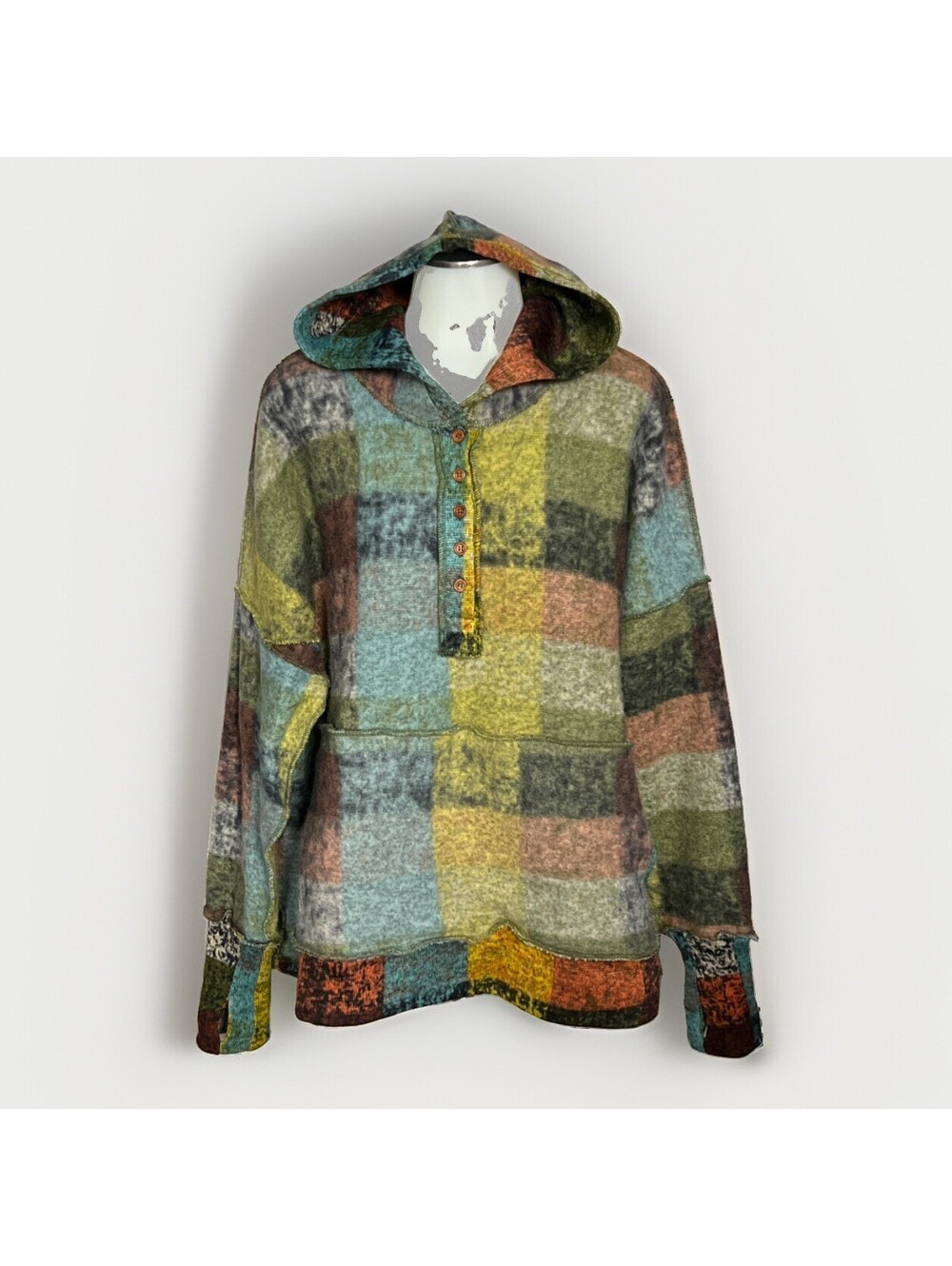 BiBi Rainbow Plaid Fleece Hoodie Henley Buttons Thumbholes Womens M Fits XL Boho